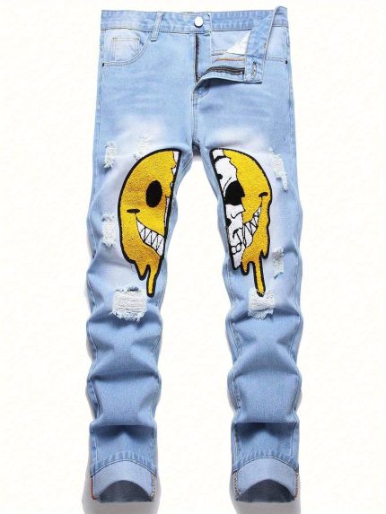 Men's Classic Fashion Ripped Jeans Regular Fit Jeans with Print