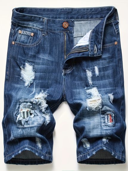 Men's Denim Shorts Summer Ripped Random Patch Men's Mid-pants Slim Shorts Straight-legged Wear Men's Pants European And American, No Belts