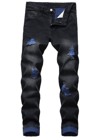 Men's black ripped slim jeans blue ripped trousers