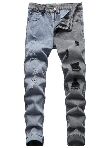 Men's jeans with holes in color matching casual straight slim trousers