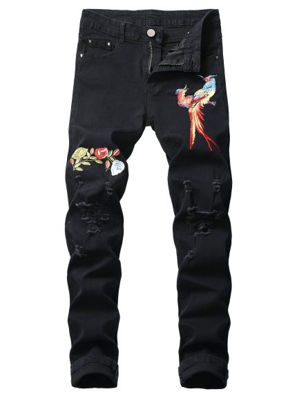 Men's Stretch Skinny Ripped Jeans, Black Embroider Fashionable Slim Fit  Jeans Pants for Men (1899)