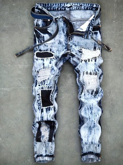 Light Jeans Men'S Embroidered Ripped Patch Color Matching Hipster Straight Leg Jeans