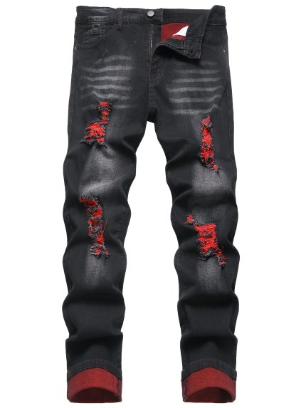 Men's Stretchy Slim-Fit Ripped Black Jeans with Red Accents - Streetwear Style, Machine Washable, All-Season Comfort, No Belt Loop, Regular Length for Teens & Young Adults