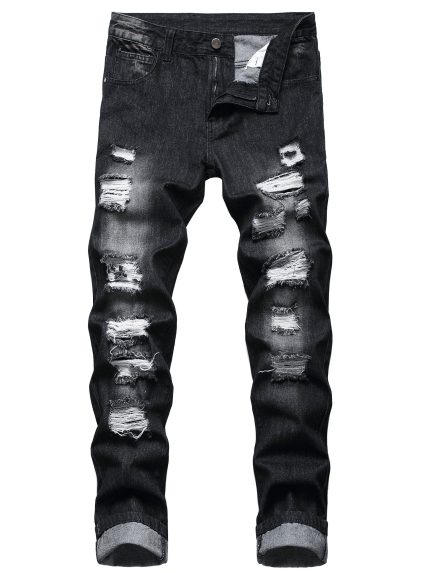 Men's black ripped jeans slim cotton jeans